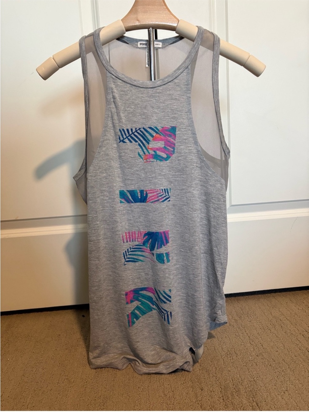 PINK Victoria's Secret Gray Mesh-Back Tank with Blue & Pink Tropical Print